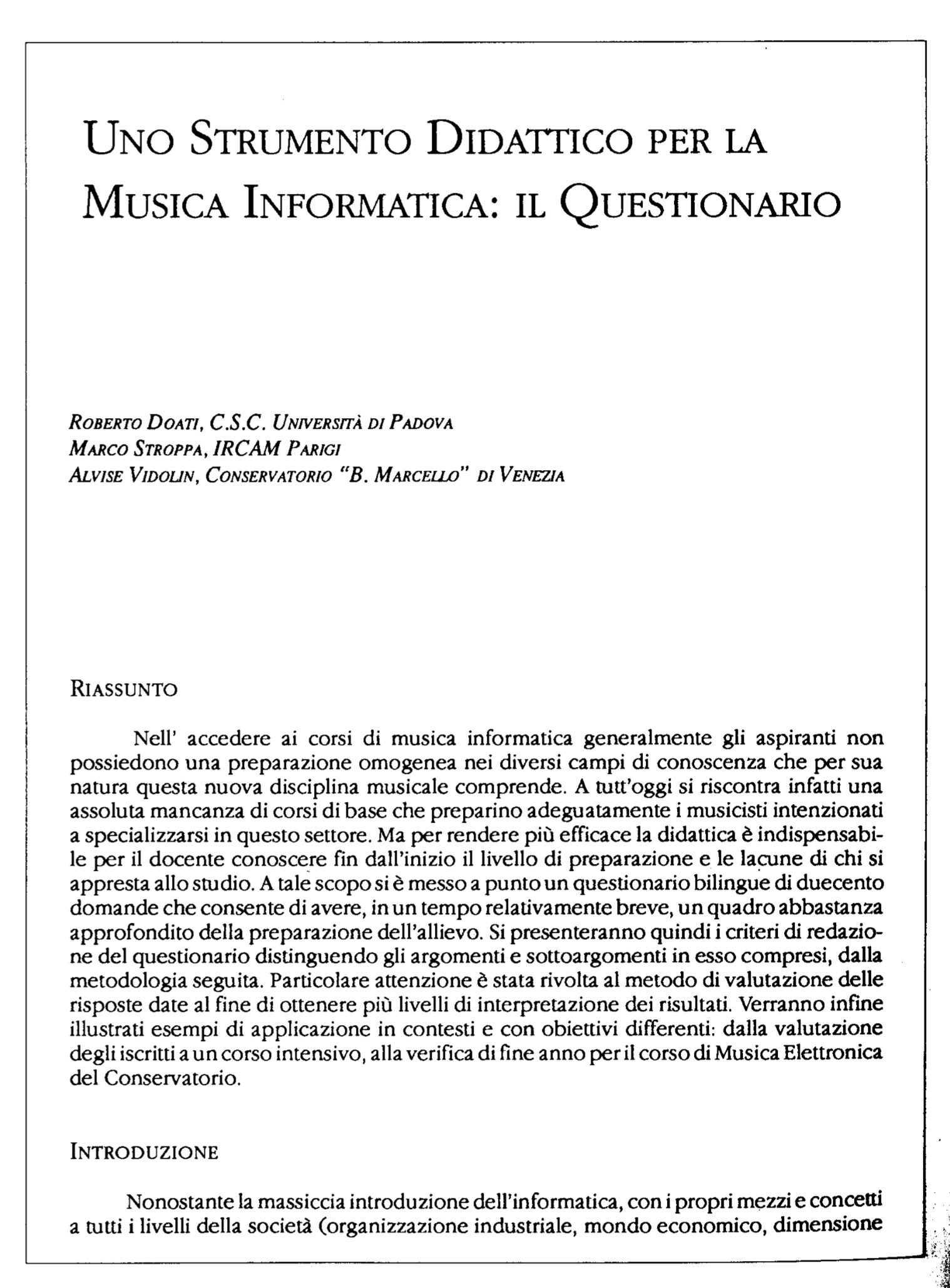 Uno strumento didattico per la musica informatica: il questionario
